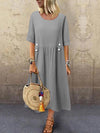 A-Line Loose Buttoned Pleated Round-Neck Midi Dresses