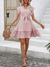 A-Line Loose Buttoned Pleated Polka-Dot Tied Waist Round-Neck Mini Dresses