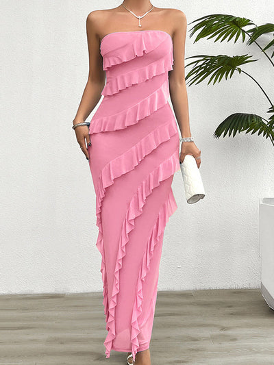 Bodycon High Waisted Ruffle Trim Solid Color Split-Back Split-Joint Tube Maxi Dresses