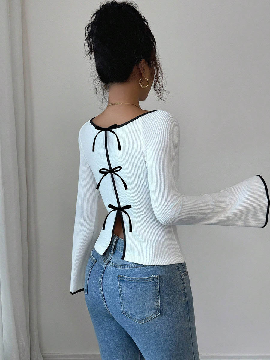 Long Sleeves Contrast Color Ribbed Knit Split-Joint Round-Neck Blouses&Shirts Tops