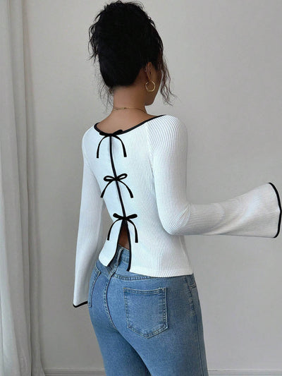 Long Sleeves Contrast Color Ribbed Knit Split-Joint Round-Neck Blouses&Shirts Tops