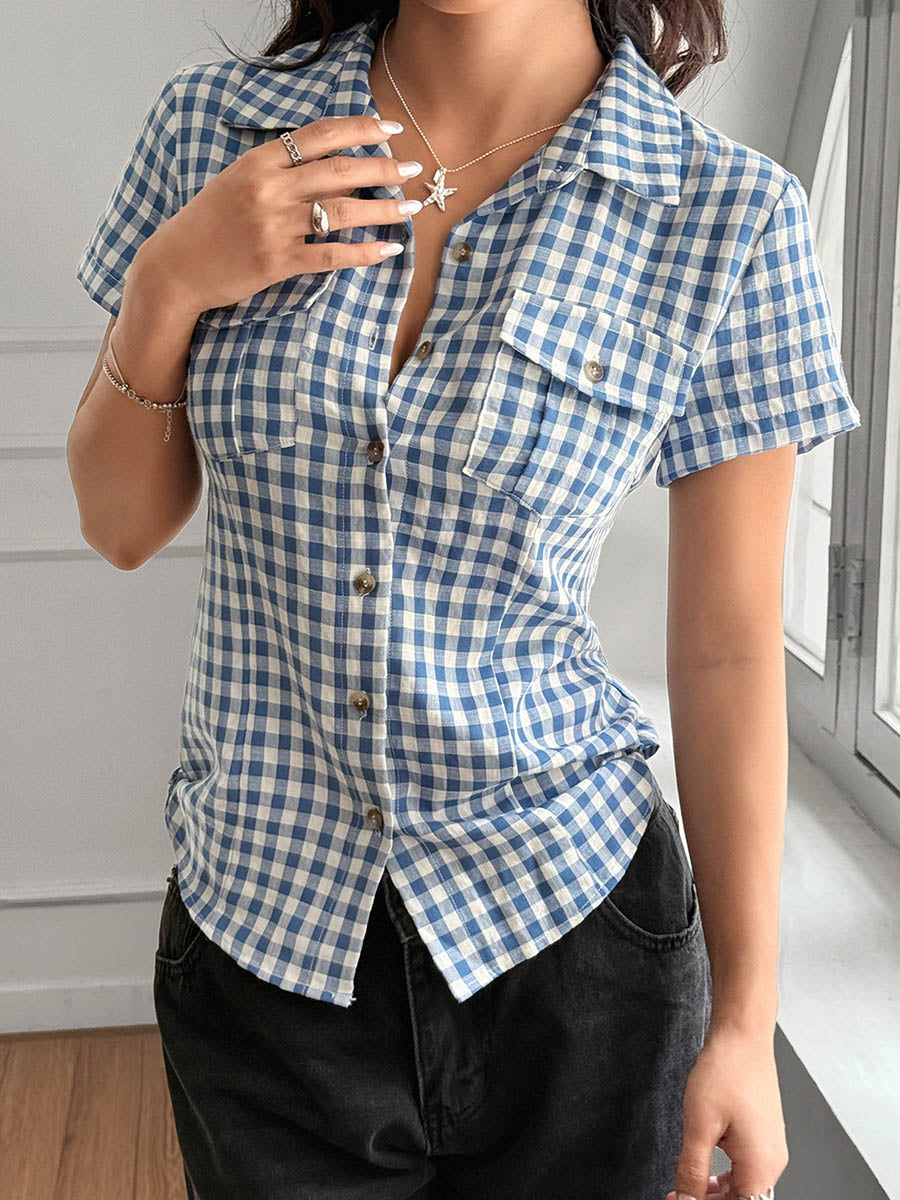 Short Sleeves Skinny Buttoned Contrast Color Plaid Split-Joint Lapel Blouses&Shirts Tops