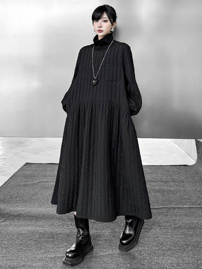 A-Line Long Sleeves Embossed Pockets Quilted Solid Color Split-Joint High Neck Midi Dresses Sweater Dresses