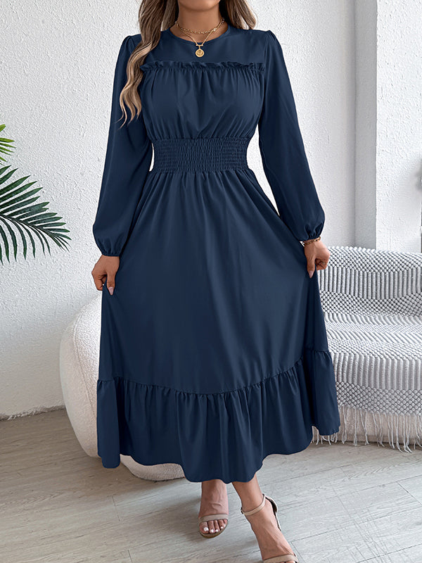 A-Line Elasticated Waist Pleated Solid Color Round-Neck Maxi Dresses