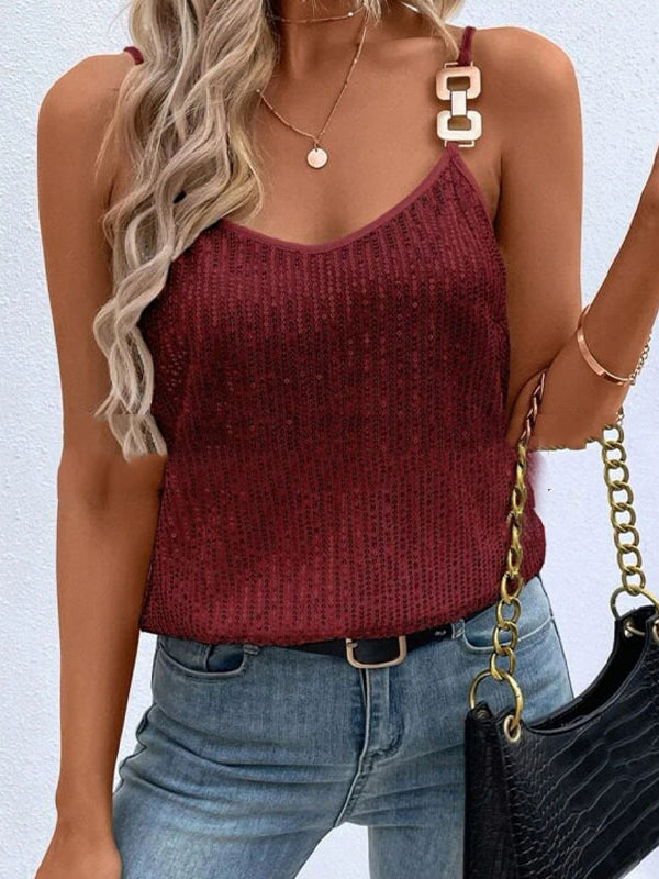 Loose Sleeveless Sequined Split-Joint Spaghetti-Neck Vest Top