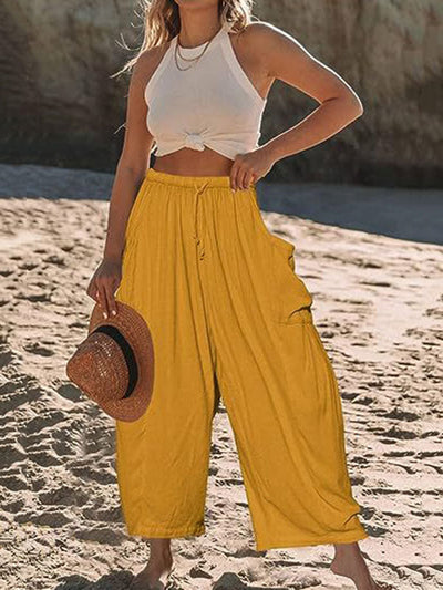 High Waisted Loose Drawstring Elasticity Pleated Pockets Solid Color Ninth Pants Trousers