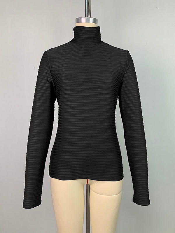 Long Sleeves Skinny Pleated Solid Color Split-Joint High Neck T-Shirts