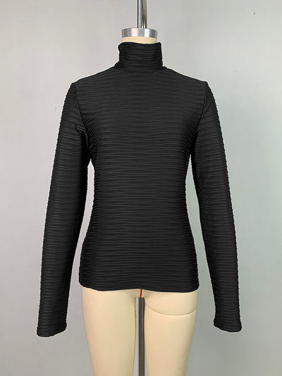 Long Sleeves Skinny Pleated Solid Color Split-Joint High Neck T-Shirts