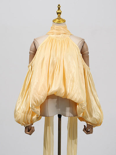 Long Sleeves Loose Pleated Solid Color Tied Halter-Neck Blouses&Shirts Tops