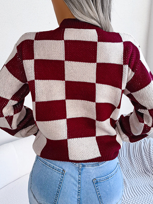 Long Sleeves Loose Contrast Color Plaid Round-Neck Sweater Tops