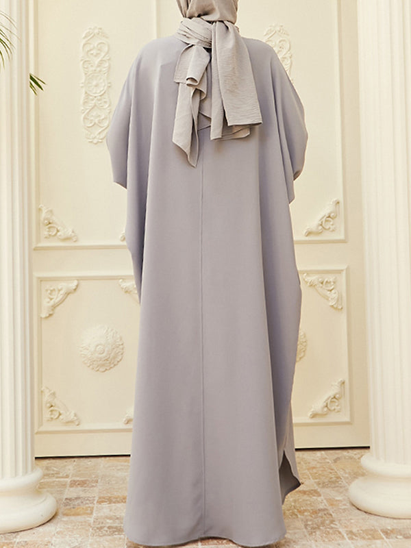 Batwing Sleeves Loose Buttoned Muslim Solid Color Split-Side Round-Neck Maxi Dresses