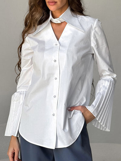 Flared Sleeves Long Sleeves Buttoned Hollow Pleated Solid Color Split-Joint Lapel Blouses&Shirts Tops
