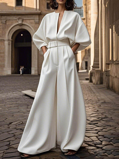 Half Sleeves Loose No Belt Solid Color Deep V-Neck Jumpsuits