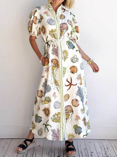 A-Line High Waisted Buttoned Contrast Color Pockets Print Split-Joint Tied Waist Stand Collar Maxi Dresses Shirt Dress