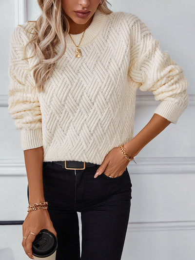 Long Sleeves Loose Solid Color Split-Joint Round-Neck Pullovers Sweater Tops