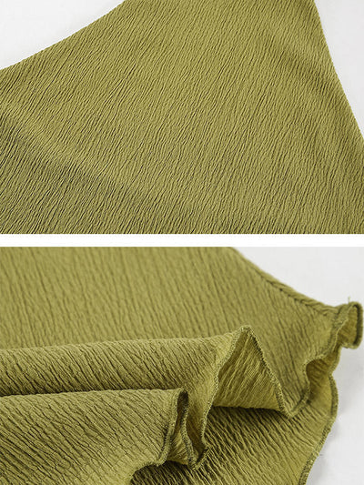 Solid Color Pleated Sleeveless Asymmetric High Neck Vest + Wide Leg Pants Two Pieces Set