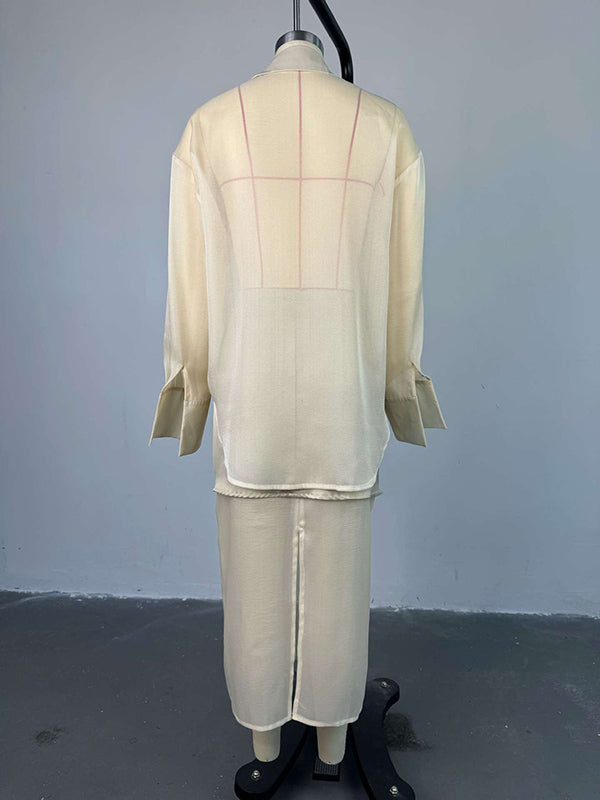 Loose Solid Color See-Through Long Sleeves Lapel Blouse + Skirt Two Pieces Set