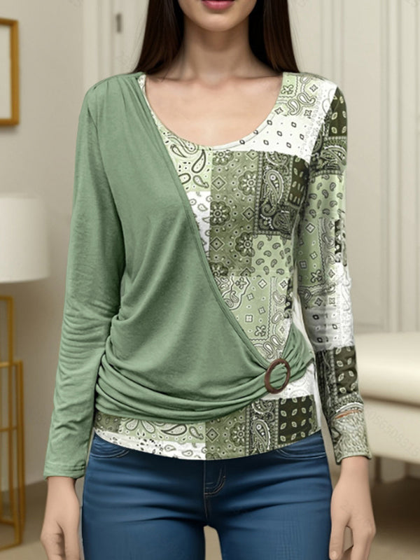 Irregularity Long Sleeves Asymmetric Buckle Contrast Color Pleated Split-Joint Round-Neck T-Shirts Tops