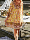 A-Line Loose Contrast Color Flower Print Pleated V-Neck Mini Dresses