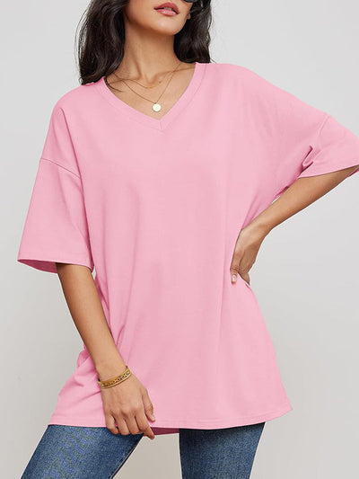 Short Sleeves Solid Color Split-Joint V-Neck T-Shirts