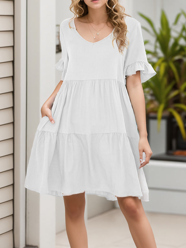 A-Line Flared Sleeves Pleated Pockets Ruffled Solid Color Split-Joint Round-Neck Mini Dresses