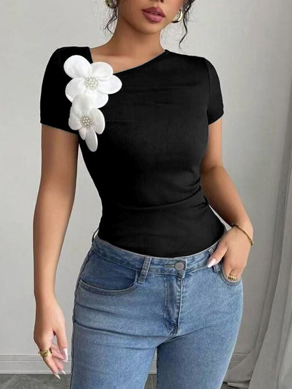 Short Sleeves Skinny Pleated Solid Color Three-Dimensional Flower Asymmetric Collar T-Shirts Tops