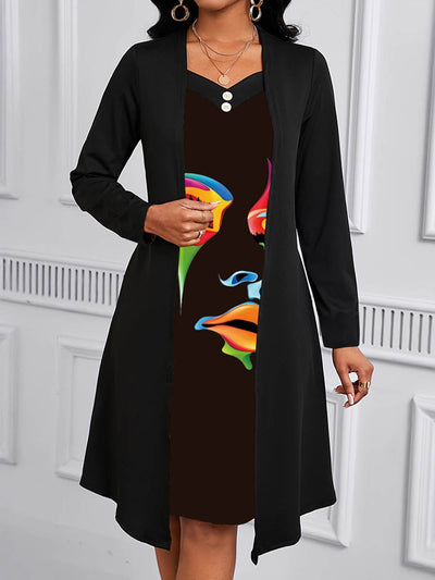 A-Line False Two Buttoned Contrast Color Human Pattern Print Split-Joint Square-Neck Midi Dresses