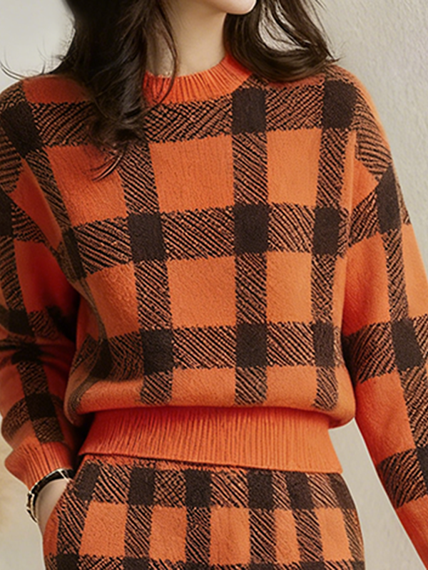 Long Sleeves Contrast Color Plaid Mock Neck Sweater Tops