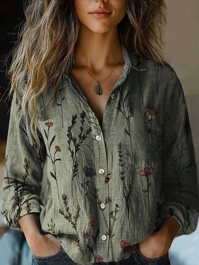 Long Sleeves Loose Buttoned Contrast Color Printed Split-Joint Lapel Blouses&Shirts Tops