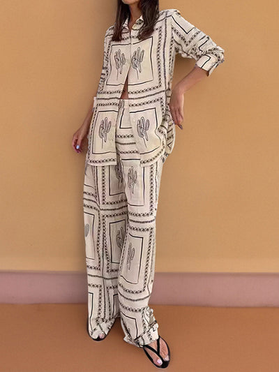 Loose Contrast Color Geometric Printed Split-Joint Long Sleeves Buttoned Lapel Blouses&Shirts Tops +  Pants Two Pieces Set