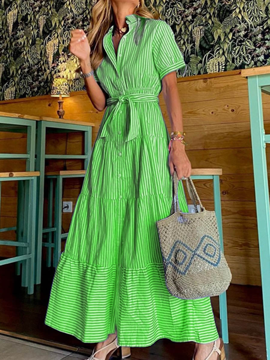 High Waisted Short Sleeves Buttoned Pleated Striped Tied Waist Lapel Maxi Dresses Shirt Dress
