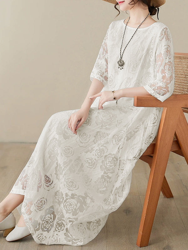 Half Sleeves Loose Gauze See-Through Solid Color Round-Neck Maxi Dresses