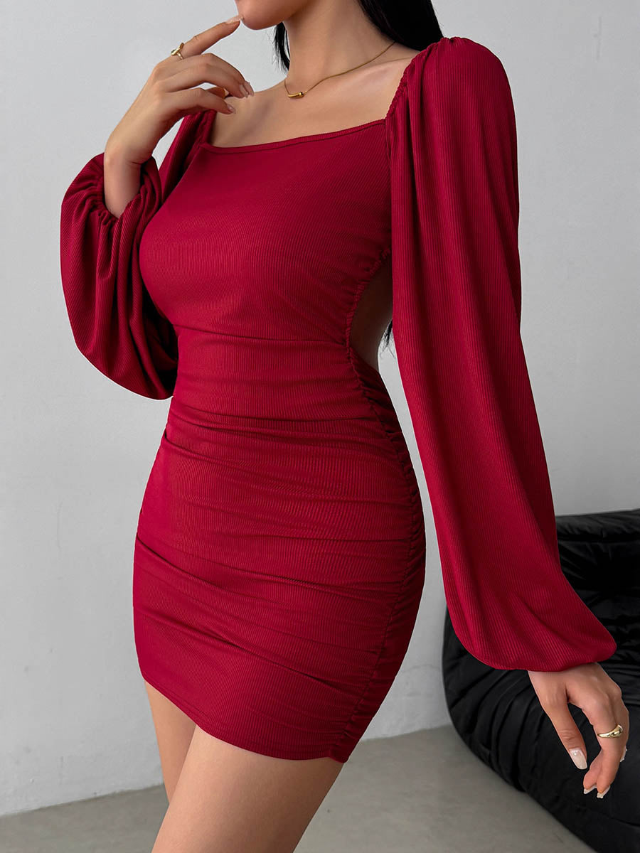 Bodycon High Waisted Backless Elasticity Pleated Solid Color Split-Joint Square-Neck Mini Dresses