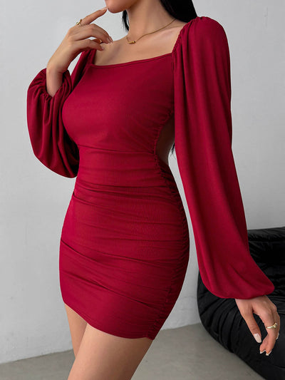 Bodycon High Waisted Backless Elasticity Pleated Solid Color Split-Joint Square-Neck Mini Dresses