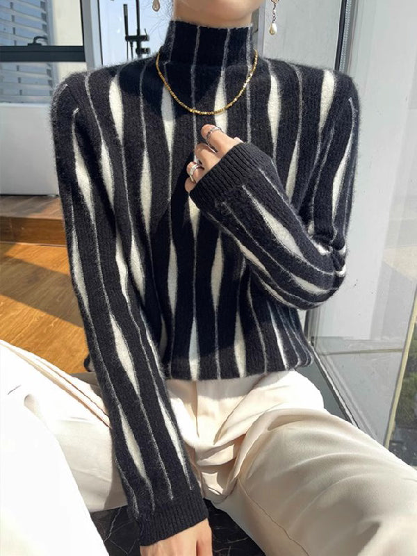Long Sleeves Contrast Color High-Neck Sweater Tops