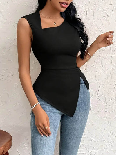 Irregularity Skinny Pleated Solid Color Split-Side Asymmetric Neckline T-Shirts Tops