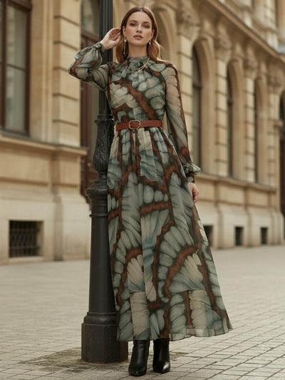 Balloon Sleeves Long Sleeves Big Hemline Contrast Color Pleated Print Zipper Stand Collar Maxi Dresses