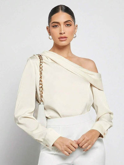 Long Sleeves Skinny Pleated Solid Color Split-Joint One-Shoulder Blouses&Shirts Tops