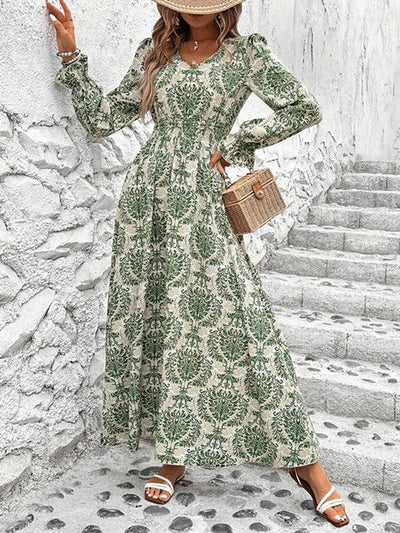 Loose Puff Sleeves Elasticity Printed Split-Joint V-Neck Maxi Dresses