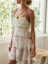 A-Line Loose Flower Print Layered Pleated Split-Joint Tied Spaghetti-Neck Mini Dresses