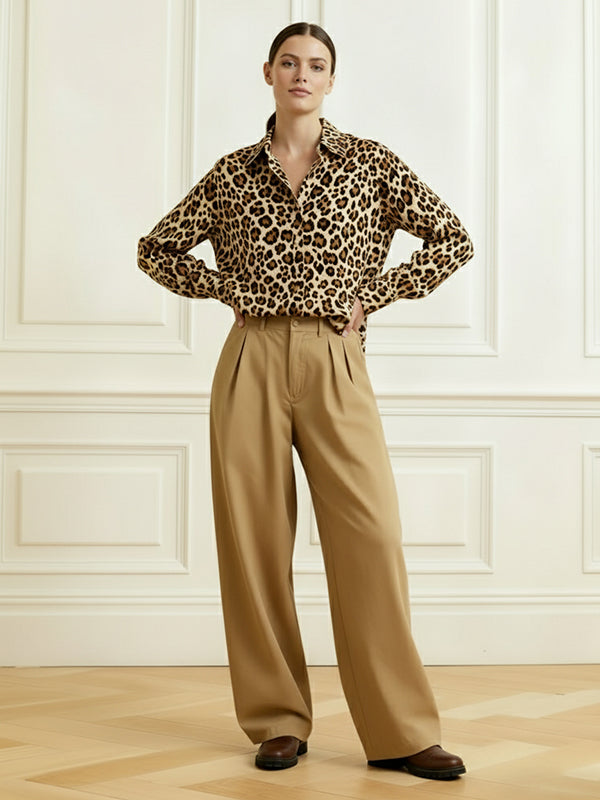 Long Sleeves Buttoned Leopard Lapel Blouses&Shirts Tops