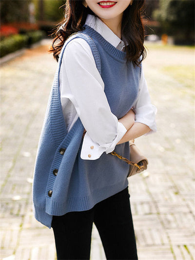 Casual Sleeveless Loose Solid Color Round-Neck Knitting Vest Outerwear