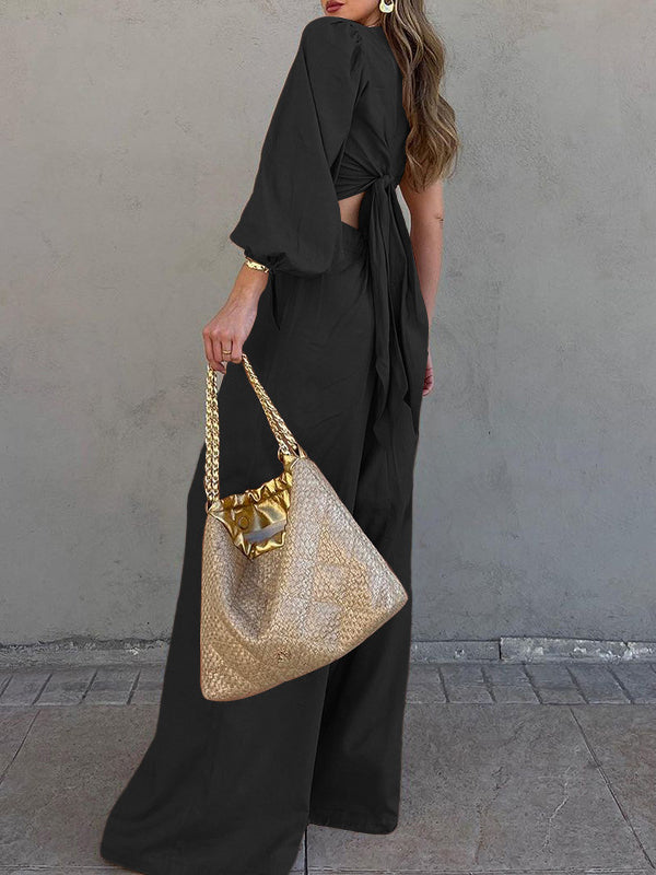 Long Sleeves Loose Asymmetric Elasticity Knot Pleated Solid Color One-Shoulder Shirts Top + Pants Bottom Two Pieces Set