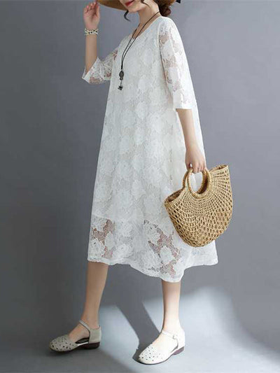 Half Sleeves Loose Hollow Solid Color Round-Neck Midi Dresses