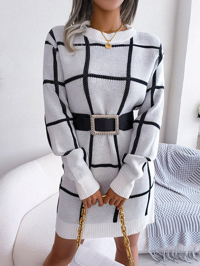 Elasticated Waist Long Sleeves Belted Contrast Color Plaid Round-Neck Mini Dresses Sweater Dresses