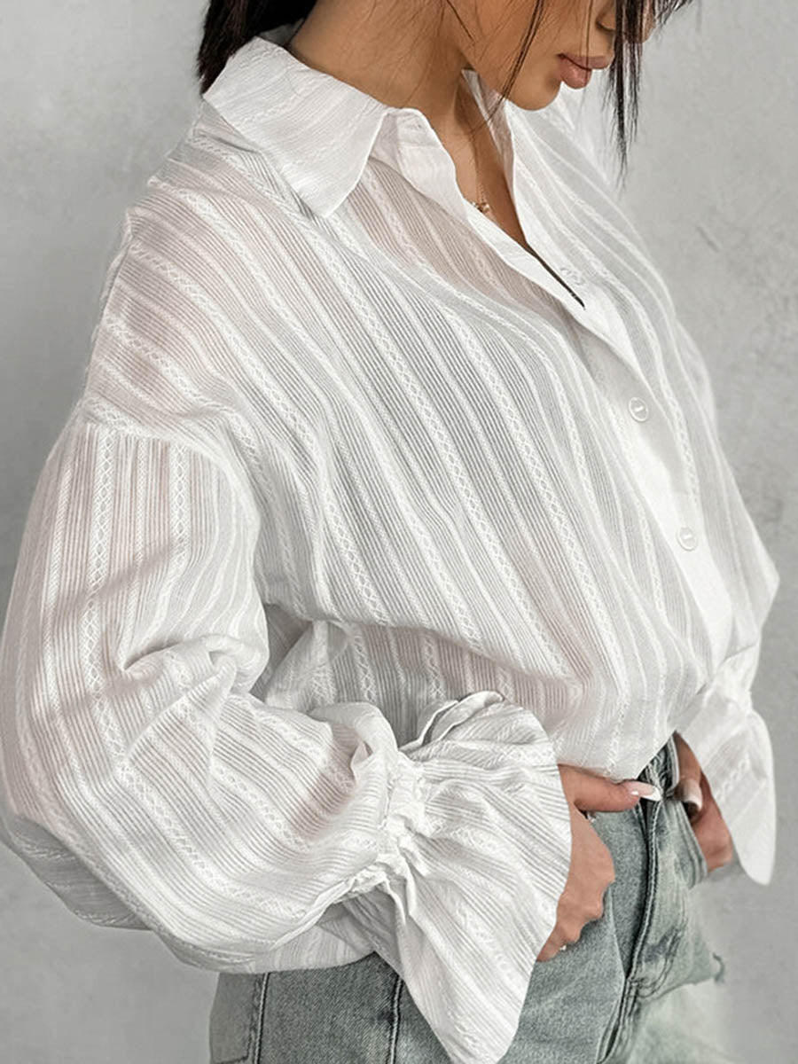 Long Sleeves Loose Buttoned Solid Color Split-Joint Striped Lapel Blouses&Shirts Tops