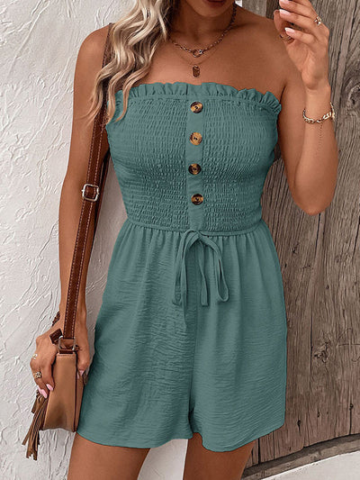 Loose Plus Size Buttoned Drawstring Elasticity Pockets Split-Joint Tube Rompers