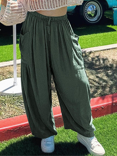 High Waisted Loose Drawstring Elasticity Pleated Pockets Solid Color Ninth Pants Trousers