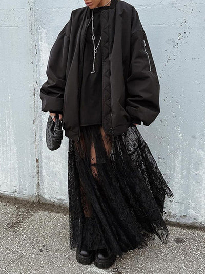 A-Line High Waisted Elasticity Hollow Jacquard Mesh See-Through Split-Joint Skirts Bottoms