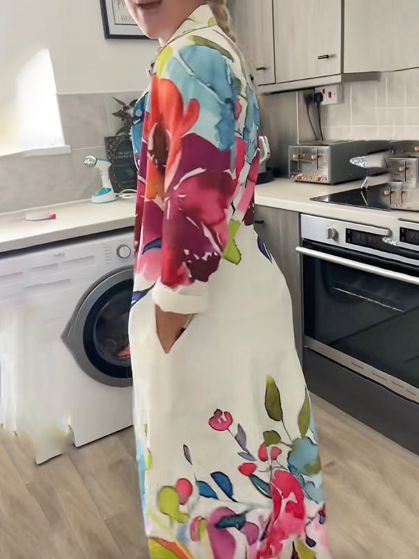 Long Sleeves Loose Buttoned Flower Print Lapel Maxi Dresses Shirt Dress